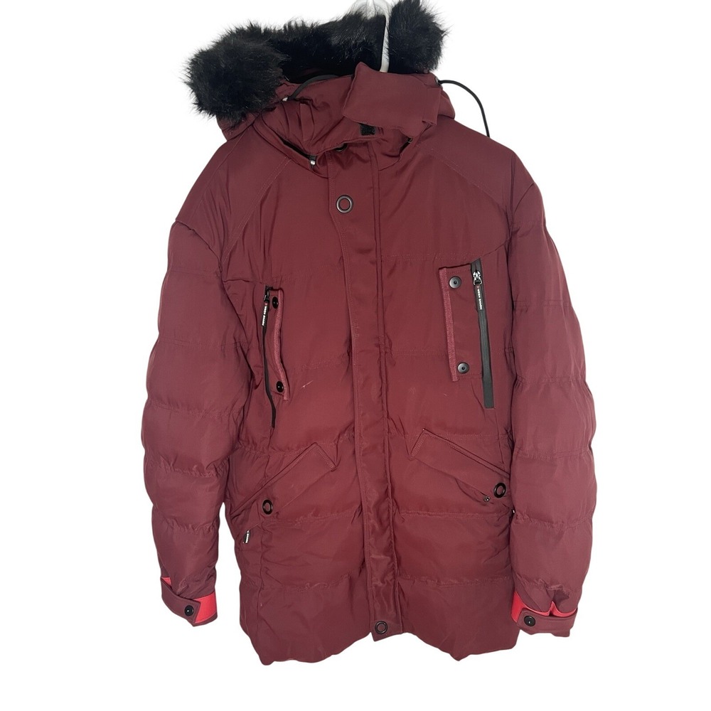 Ween Charm Men's XL Red Black Puffy Parka Fur Hood Winter‎ Coat Full Zip